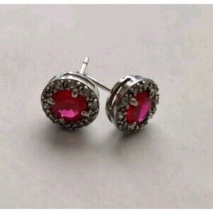 Round Lab Created Ruby Halo Stud Earrings 925 Sterling Silver No Backs
